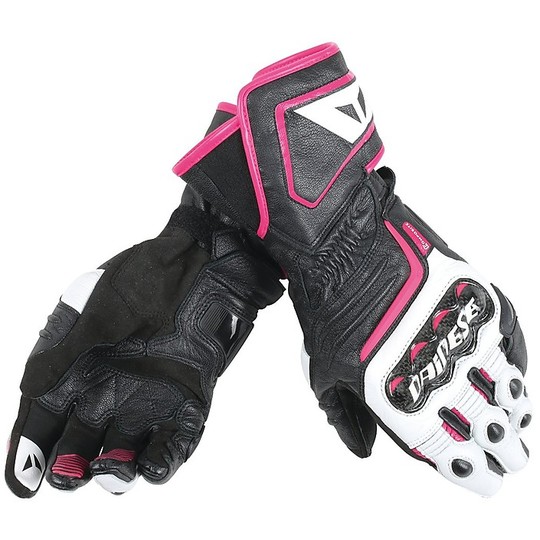 Motorcycle Gloves Racing Dainese Carbon D1 Lady Long Black White Fuchsia