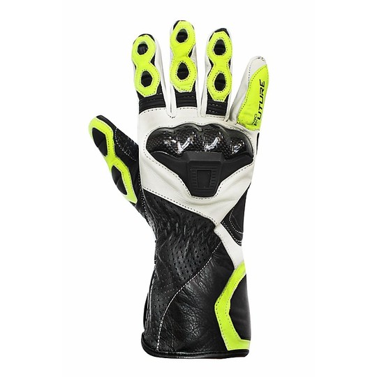 Motorcycle Gloves Racing Pro Future With Leather Protectors Carbon White Yellow Fluo