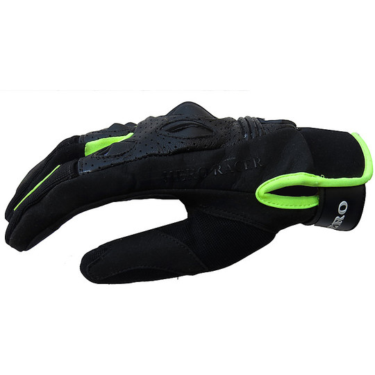 Motorcycle Gloves Summer Sports Hero 1007 Leather and Fabric With Yellow Caps