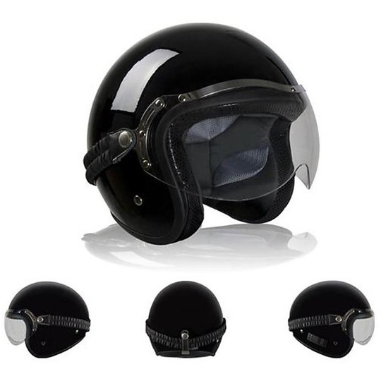 Motorcycle Helmet Jet Custom Fiber BARRACUDA Classic Gloss Black With Visor Elastic