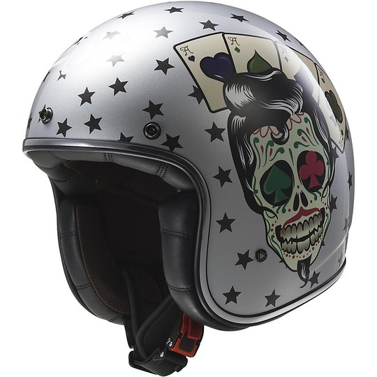 Motorcycle Helmet Jet Fiber LS2 OFF 583 Bobber Tattoo Silver