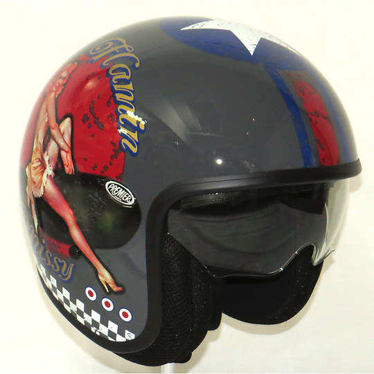 Motorcycle helmet jet premier vintage fiber visor with integrated Pin Up gray