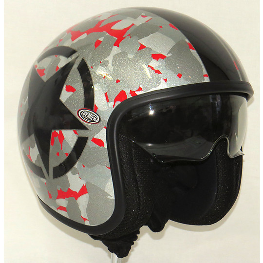 Motorcycle helmet jet premier vintage fiber with integrated visor Camo Silver / Red