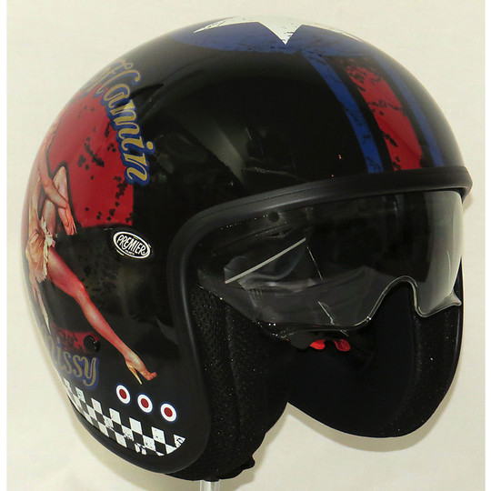 Motorcycle helmet jet premier vintage fiber with integrated visor Pin Up Black