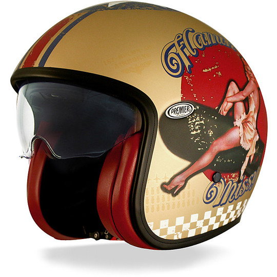 Motorcycle helmet jet premier vintage fiber with integrated visor Pin up Gold