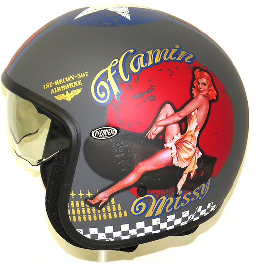 Motorcycle helmet jet premier vintage fiber with integrated visor Pin Up Grey
