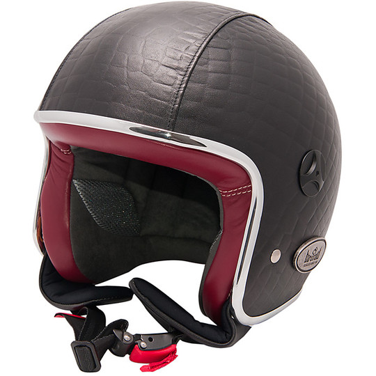 Motorcycle Helmet Jet Vintage Fiber Baruffaldi Zeon Crocco Leather Black Red
