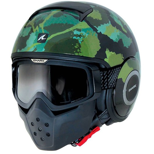 Motorcycle helmet Jet With Goggles Shark RAW KURTZ Black Green Opaque