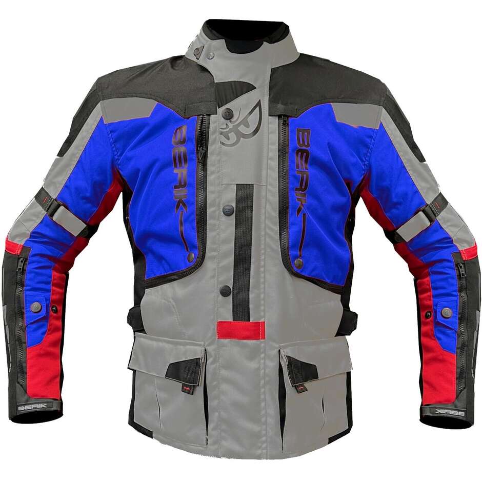 Motorcycle Jacket in Berik 2.0 Technical Fabric NJ-203328 Adventure Touring Gray Red Blu