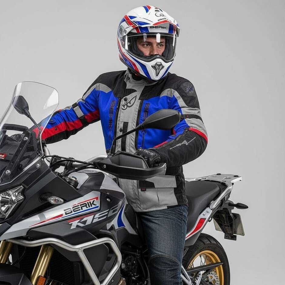 Motorcycle Jacket in Berik 2.0 Technical Fabric NJ-203328 Adventure Touring Gray Red Blu