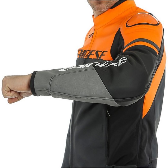 Motorcycle Jacket In Dainese Leather AGILE Black Orange Gray