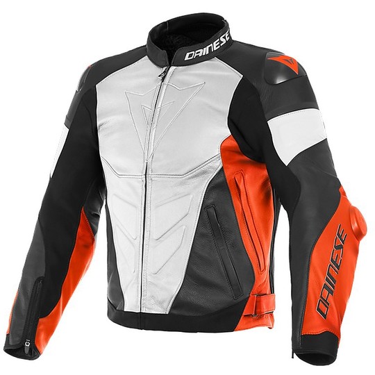Motorcycle Jacket In Dainese SUPER RACE Leather White Red Fluo Black