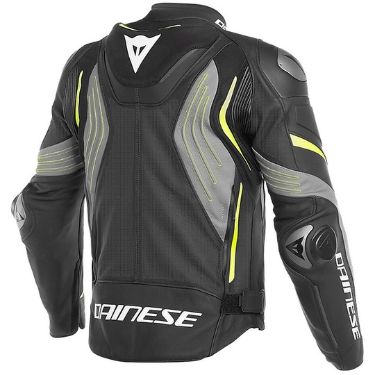 Motorcycle Jacket In Perforated Leather Dainese SUPER SPEED 3 Black White Yellow Fluo