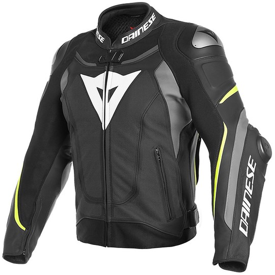 Motorcycle Jacket In Perforated Leather Dainese SUPER SPEED 3 Black White Yellow Fluo