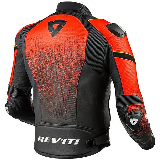 Motorcycle Jacket In Racing Leather Rev'it QUANTUM Black Red FLuo