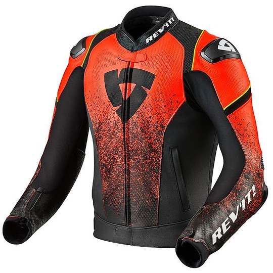 Motorcycle Jacket In Racing Leather Rev'it QUANTUM Black Red FLuo