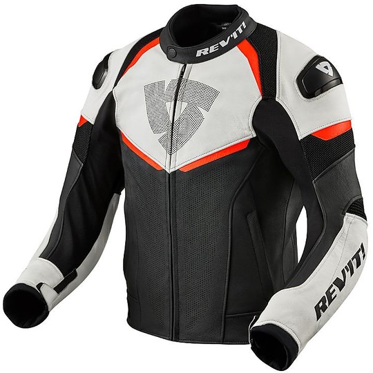Motorcycle Jacket Perforated Leather Racing Rev'it CONVEX Black Red Fluo