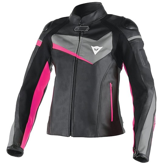 Motorcycle Jacket Women's Leather Dainese Model Veloster Black Anthracite Fuchsia
