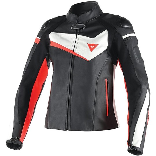 Motorcycle Jacket Women's Leather Dainese Model Veloster White Black Red Fluo