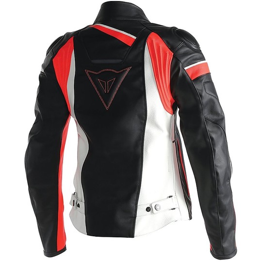 Motorcycle Jacket Women's Leather Dainese Model Veloster White Black Red Fluo