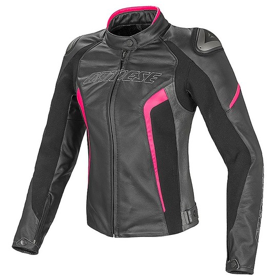 Motorcycle Jacket Women's Leather Dainese RACING D1 Perforated Black Anthracite Fuchsia