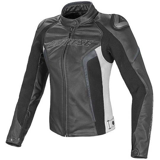 Motorcycle Jacket Women's Leather Dainese RACING D1 Perforated Black White Anthracite