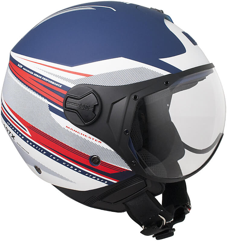 Motorcycle Jet CGM Helmet with 107X White Manchester Blue Opaque Visor