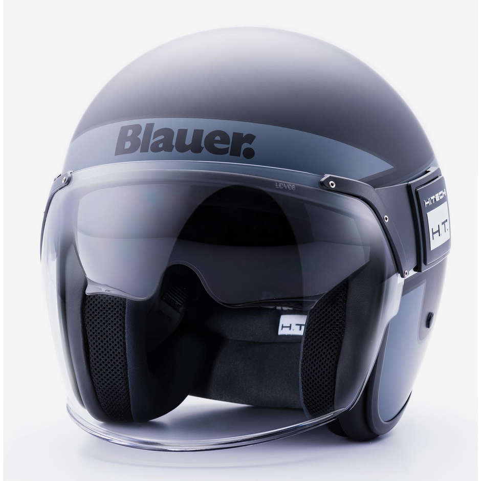 Motorcycle Jet Helmet in Blauer Fiber POD Stripes Matt Black Green
