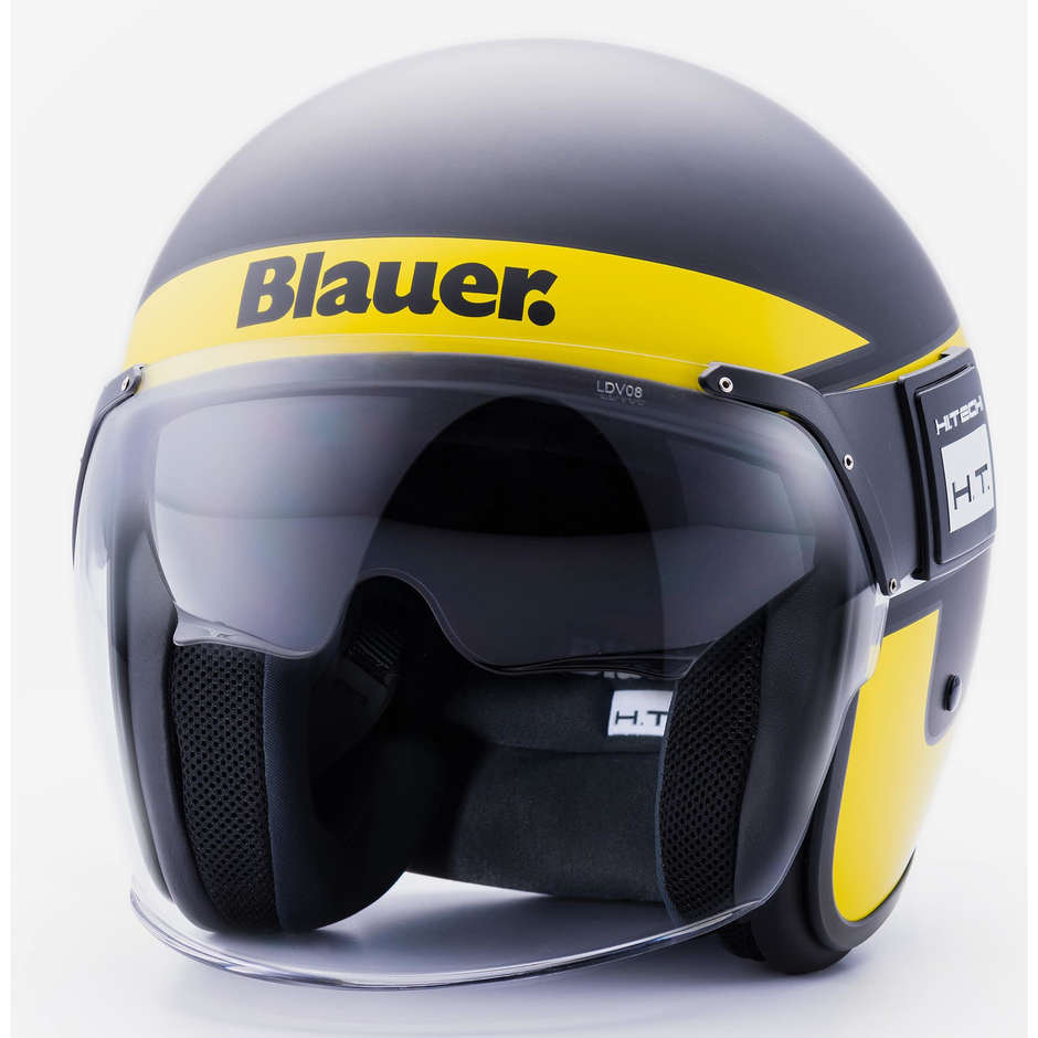 Motorcycle Jet Helmet in Blauer Fiber POD Stripes Matt Black Yellow