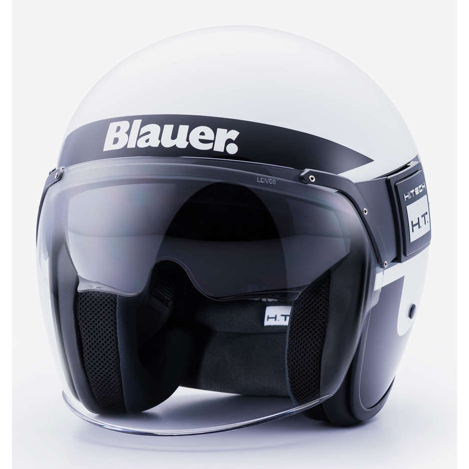 Motorcycle Jet Helmet in Blauer Fiber POD Stripes White Black