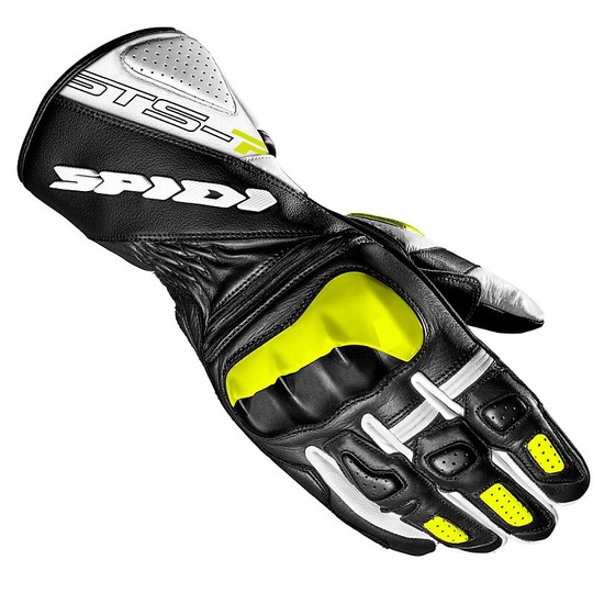 Motorcycle Leather Racing Gloves Spidi STS-R2 Black Yellow Fluo White