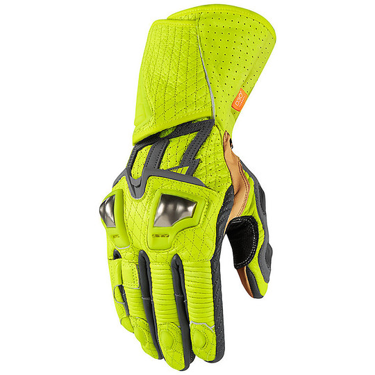 Motorcycle Leather Sports Gloves Icon HYPERSPORT GP Hi Viz Yellow Fluo