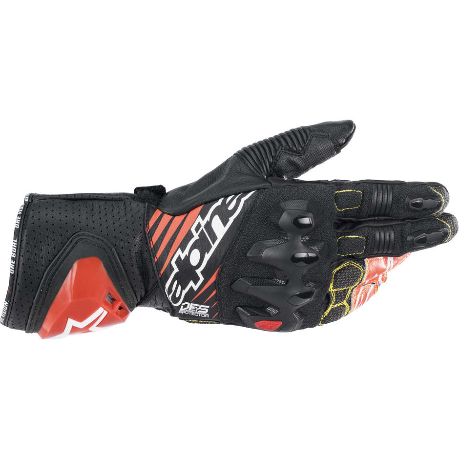 Motorcycle Racing Gloves in Alpinestars GP TECH V2 Black White Red Fluo Leather