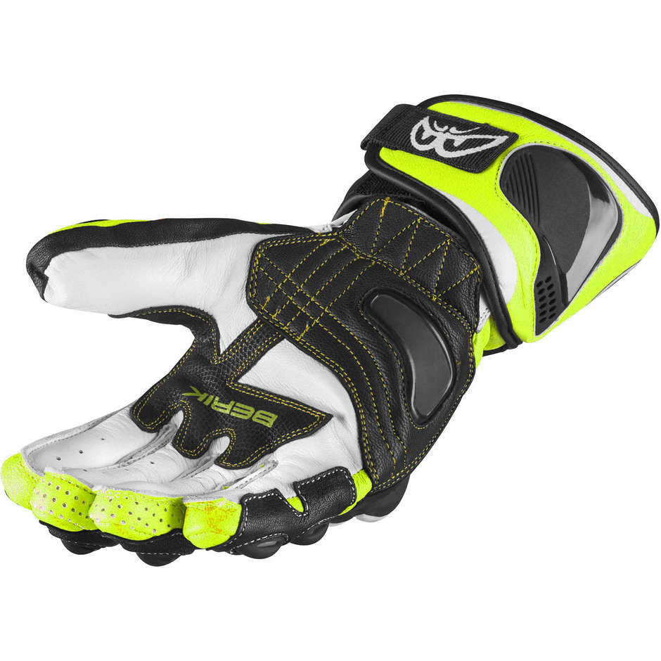 Motorcycle Racing Gloves In Berik 2.0 Leather 195106 Track Black White Yellow Fluo Certified