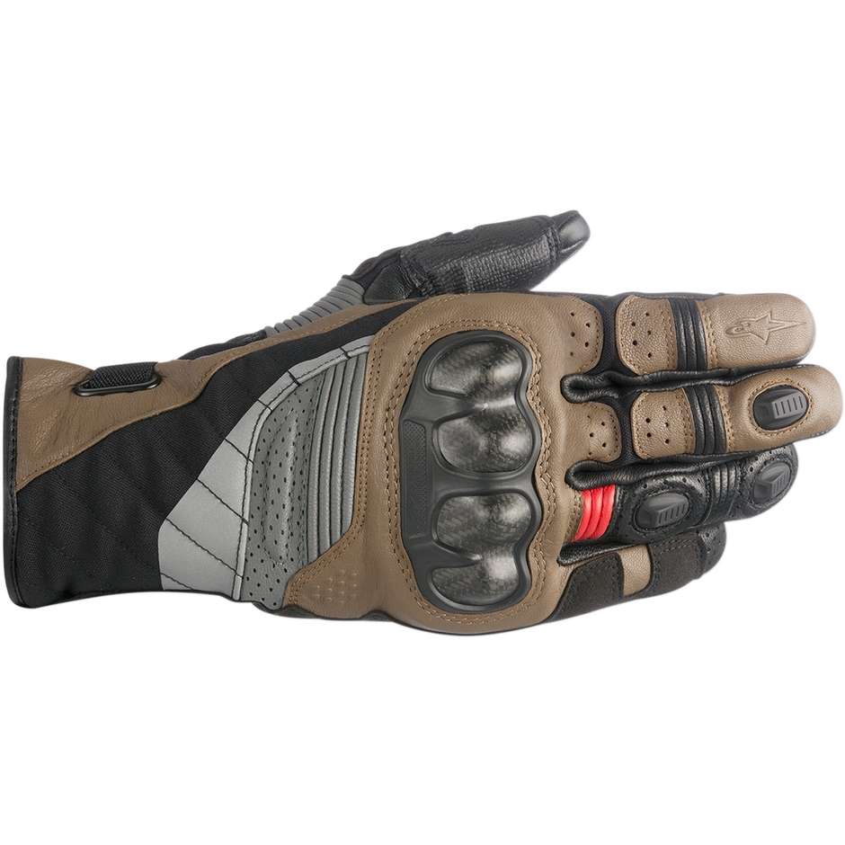 Motorrad-Handschuhe aus Leder und Textil Alpine Belize Drystar CE Schwarz Rot Tobacco