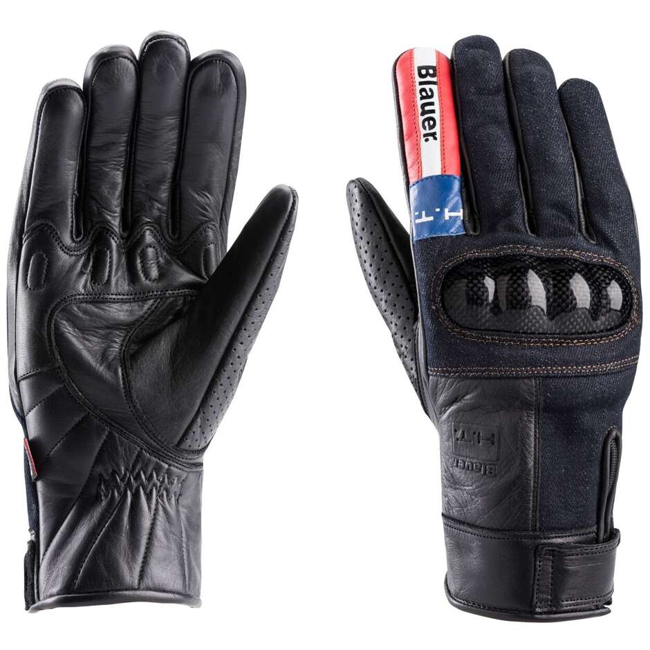 Motorrad-Handschuhe Leder Blauer Combo Carbon-Denim USA