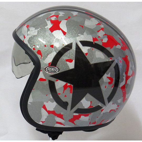 Motorrad-Helm Jet Premier Vintage-Faser mit integriertem Visier Camo Silber / Rot