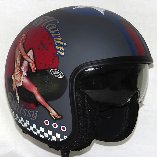 Motorrad-Helm Jet Premier Vintage-Faser mit integriertem Visier Pin Up Grau