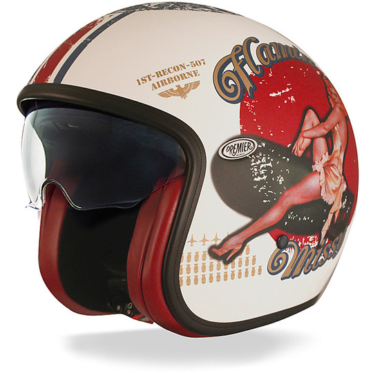Motorrad-Helm Jet Premier Vintage-Faser mit integriertem Visier Pin Up Weiß poliert