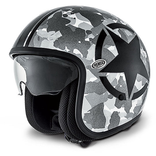 Motorrad-Helm Jet Premier Vintage Faser mit integriertem Visier Tarnung Silber