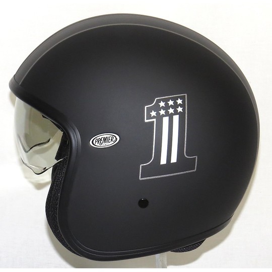 Motorrad-Helm Jet Premier Vintage-Faser mit integrierter Sonnenblende No. 1 Matt Black