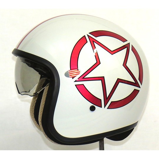 Motorrad-Helm Jet Premier Vintage-Faser mit integrierter Sonnenblende weiß Shiny Red Star