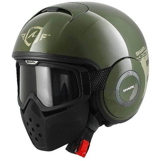 Motorrad-Helm mit Schutzbrille-Jet Shark RAW TRINITY Grün Silber