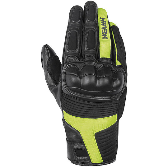 Motorradhandschuhe Leder und Stoff Hevik Abrego mit Schutz schwarz gelb