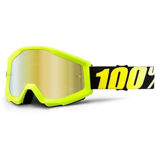  Occhiali Moto Cross Enduro 100% Strata Yellow Lente Mirror Gold 