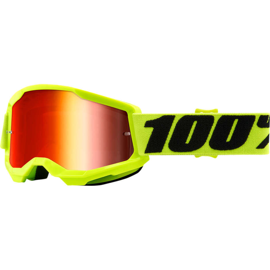 Occhiali Moto Cross Enduro Bambino 100% STRATA 2 Jr Fluo Yellow Lente Specchio Rossa