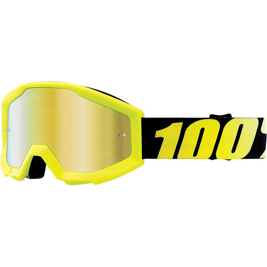 Occhiali Moto Cross Enduro Bambino 100% STRATA Neon Yellow Lente a Specchio Oro