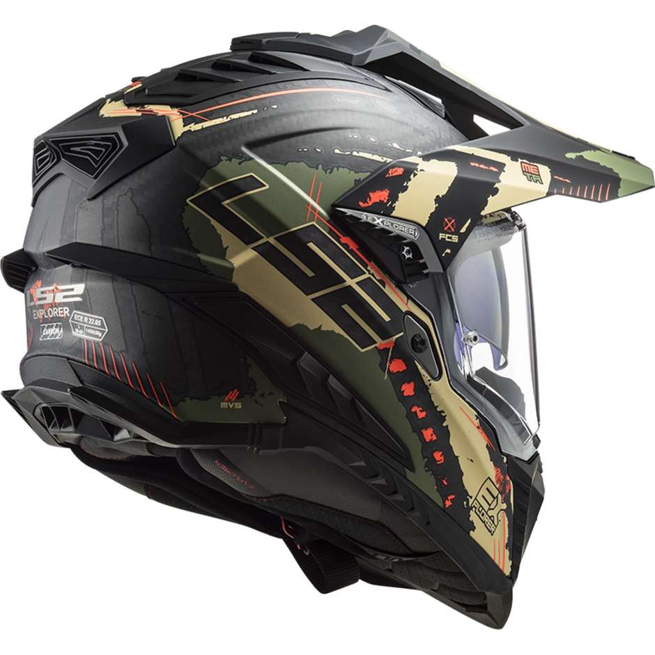 Off Road Motorcycle Tourism Helmet In Carbon Ls2 MX701 EXPLORER C EXTEND Military Green Matt
