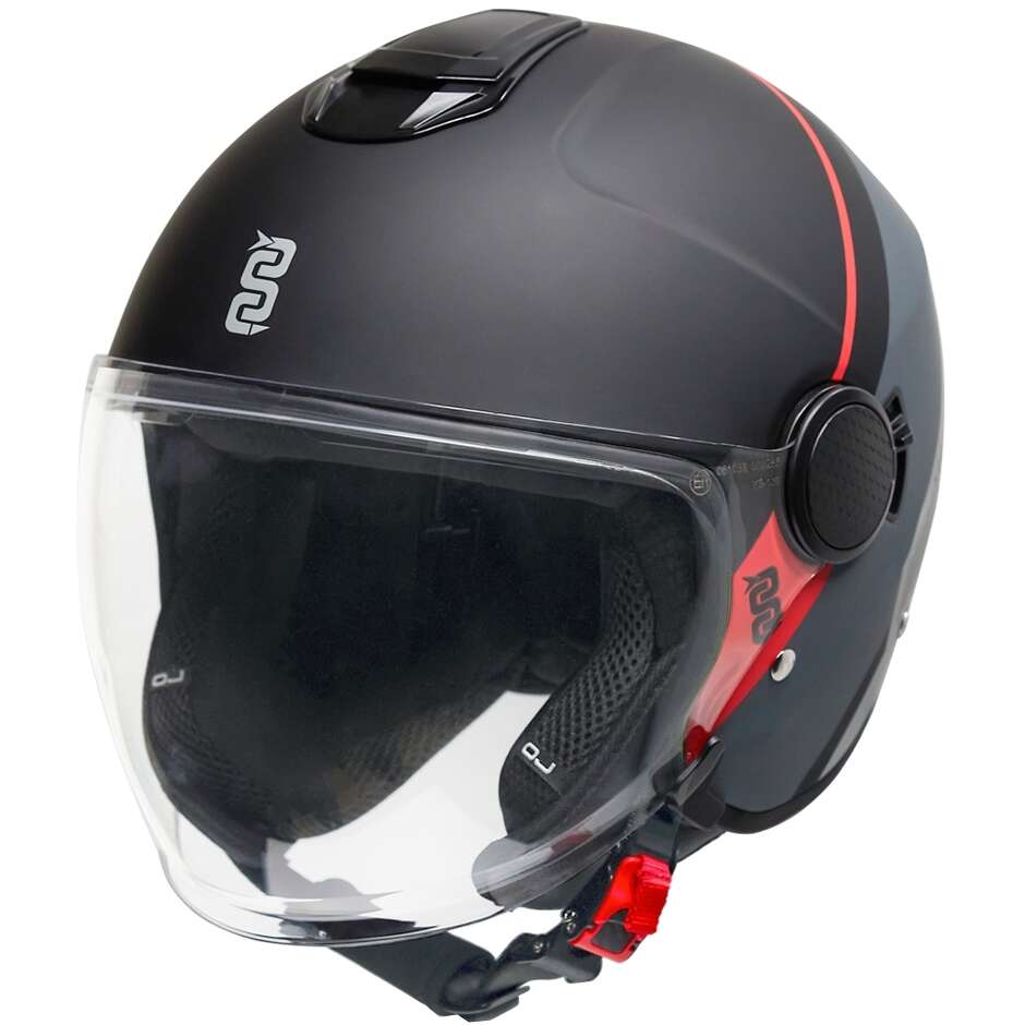 OJ VIAGGIO Jet Motorradhelm Grau Roter Streifen