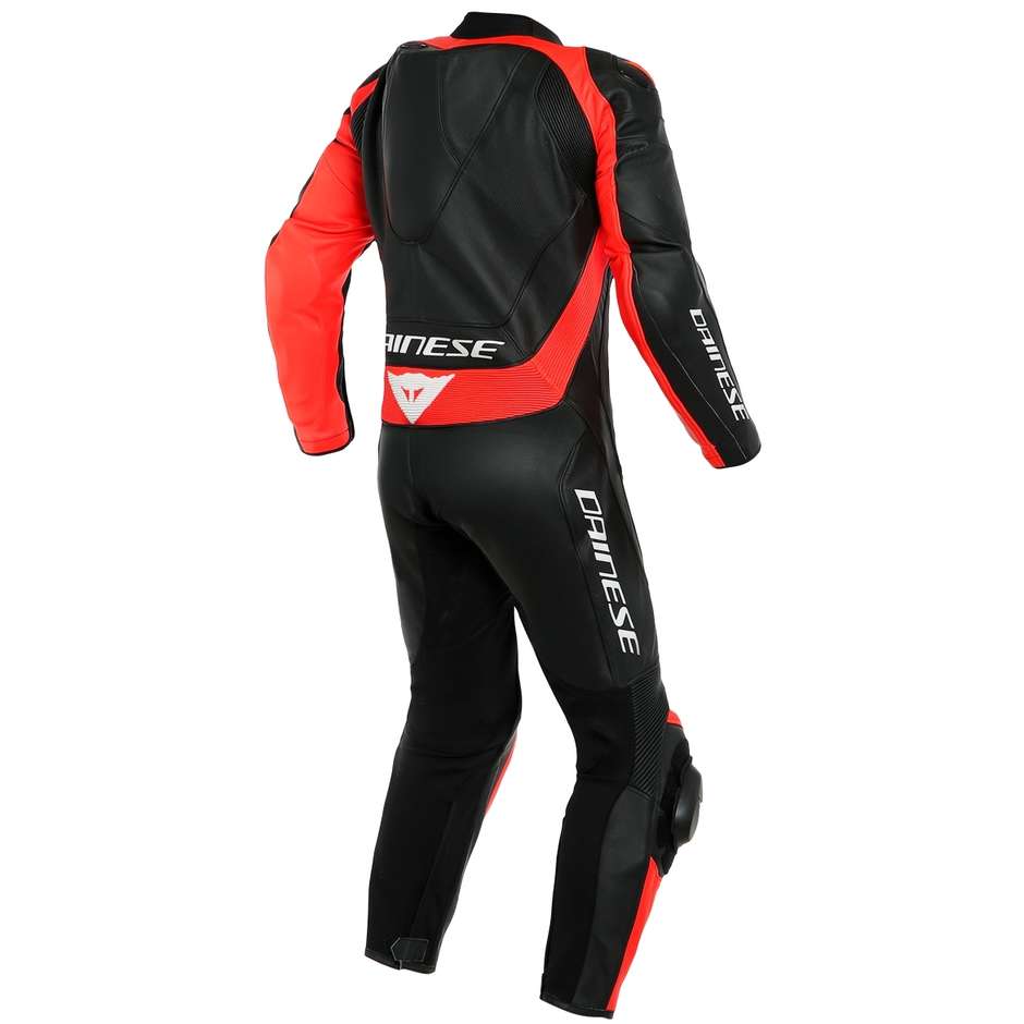 One Piece Moto Racing Leather Suit Dainese ASSEN 2 1pc Perforated Black Red Fluo